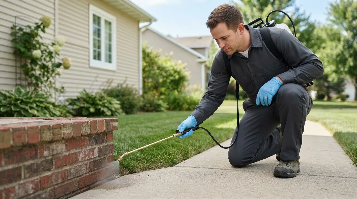 Pest control technician treating a home near Delevan, NY